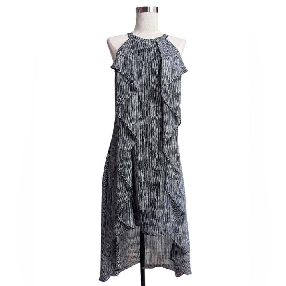 H by Halston Gray Pleated High-Low Ruffle Halter Dress